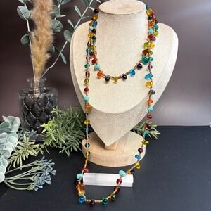 Long Artisan Glass Bead Necklace 40 Inch | Colorful Beaded | Boho Layering